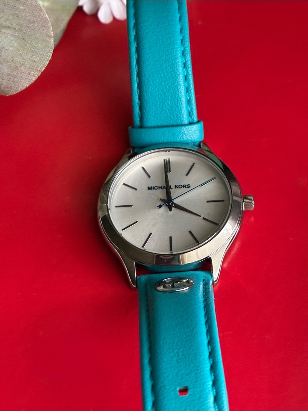 Michael Kors Turquoise Leather Strap Watch with Silver Dial